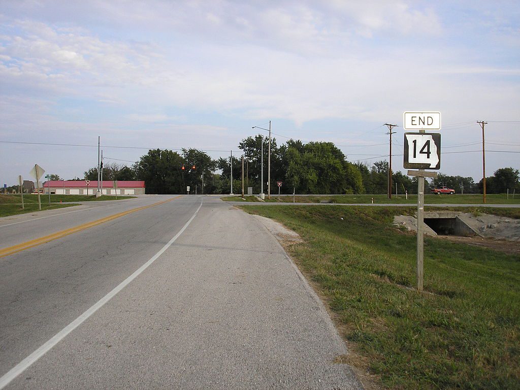 Western terminus of Missouri 14 in Marionville, Missouri.